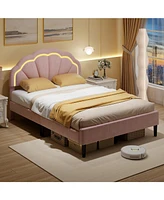 Gouun Upholstered Led Bed Frame with Adjustable Flower Headboard and Metal Support Feet-Full Size