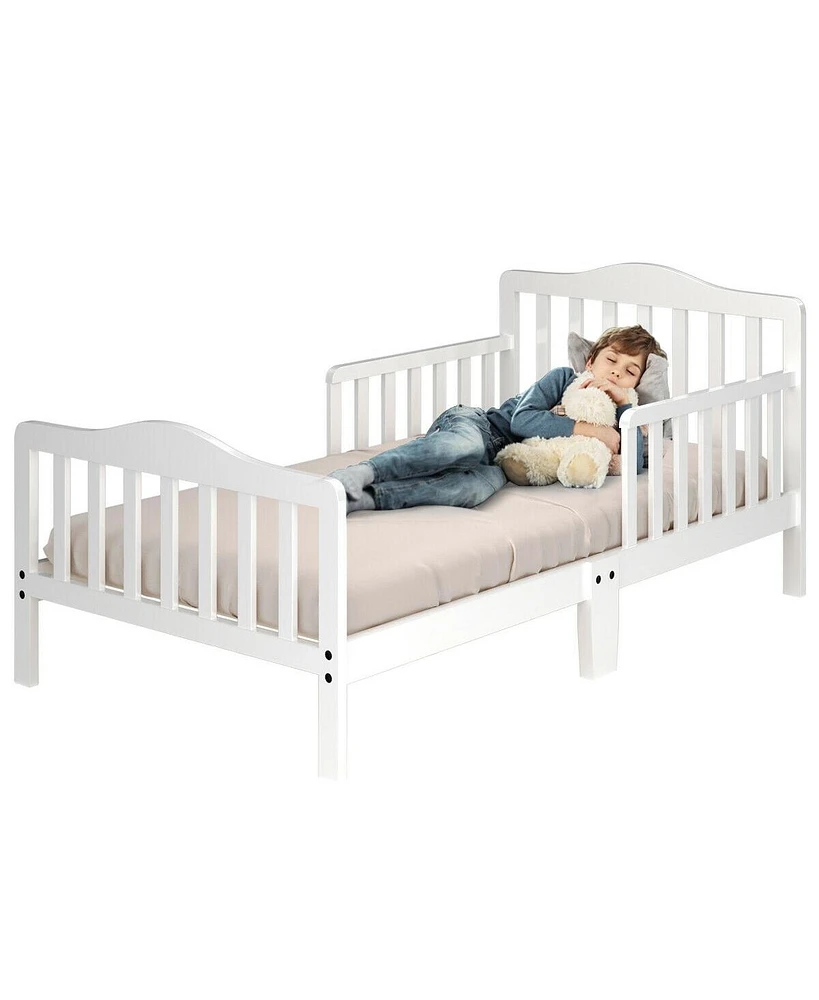 Classic Toddler Bed Frame with Two Side Safety Guardrails, Wooden Design