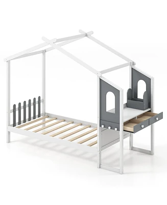 Gouun Full Bed Frame with House Roof Canopy and Fence for Kids-Full Size