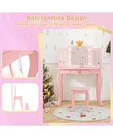 Costway Kids Vanity Set Princess Table & Chair with Lighted Mirror