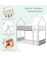 Twin Over Twin Bunk Bed with Fence and Ladder for Kids
