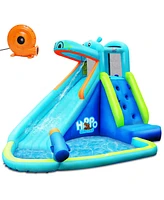 Costway Inflatable Kids Hippo Bounce House Slide Climbing Wall Splash Pool w/740W Blower