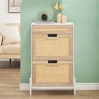 Natural Rattan Storage Cabinet with 2 Flip Drawers, Wooden Entry Way Cabinet with Storage with Adjustable Shelf and Metal Legs, Entrance Shoe Cabinet