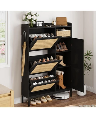 gaomon Shoe Cabinet Rattan with 3 Flip Drawers and 4-Tier Shoe Storage Cabinet, Freestanding Shoe Organizer with Adjustable Shelves for Entryway