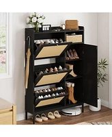 gaomon Shoe Cabinet Rattan with 3 Flip Drawers and 4-Tier Shoe Storage Cabinet, Freestanding Shoe Organizer with Adjustable Shelves for Entryway