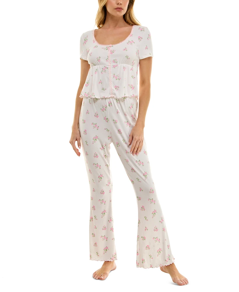 Roudelain Women's Flared Floral Ribbed Pajama Set