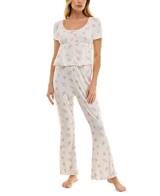 Roudelain Women's Flared Floral Ribbed Pajama Set