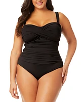 Anne Cole Plus Twist-Front Shirred Bandeau One-Piece Swimsuit