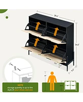gaomon Rattan Shoe Storage Cabinet with 4 Flip Drawers, Narrow Shoe Rack Cabinet, Freestanding Wooden Shoe Organizer Cabinet for Entryway