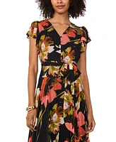 Vince Camuto Women's Printed V-Neck Flutter-Sleeve Asymmetrical-Hem Midi Dress