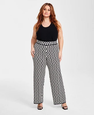 Nina Parker Plus Geo-Print Straight-Leg Sweater Pants