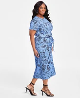 Nina Parker Plus Textured Paisley-Print Drawstring-Ruched Skirt