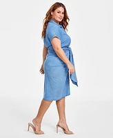 Nina Parker Trendy Plus Denim Ruched Tie-Front Dress