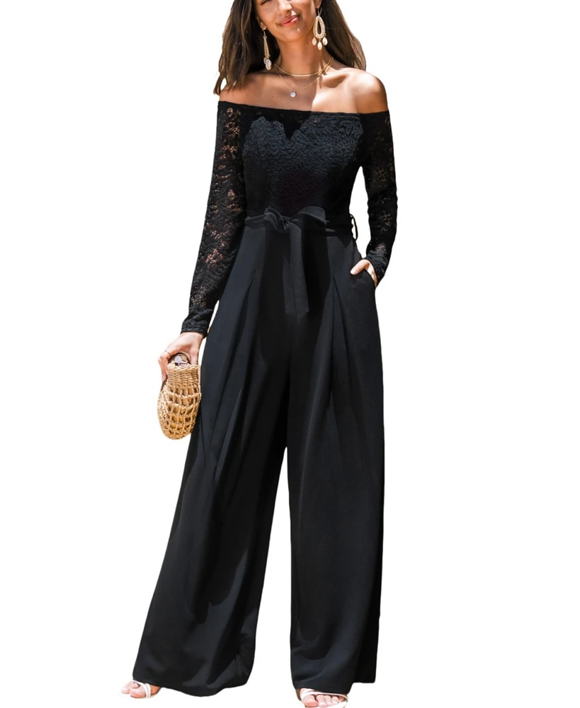 Cupshe Women's Elegant Lace Off-Shoulder Wide-Leg Jumpsuit