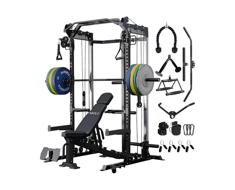 Er Kang M7 Smith Machine with Cable Crossover System, Multi-Function Squat Rack Power Cage for Home Gym, and Packages