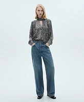 Mango Women's Collar and Bow Detail Leopard-Print Blouse