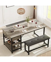 gaomon Dining Table Set for 4, Retro Dining Room Table with Benchs，3 Piece Kitchen Table Set by Metal Frame and Mdf