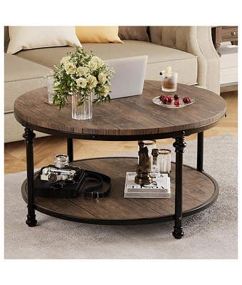 gaomon Coffee Table Round Center Table with Storage Shelf Wooden Circle Coffee Table with Sturdy Metal Legs Rustic 2-Tier Industrial Accent Center Tab