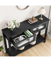 gaomon 43'' Narrow Console Table with Glass Drawers 2 Tier Sofa Table Entryway Table w/Storage Wood Console Table Side Table