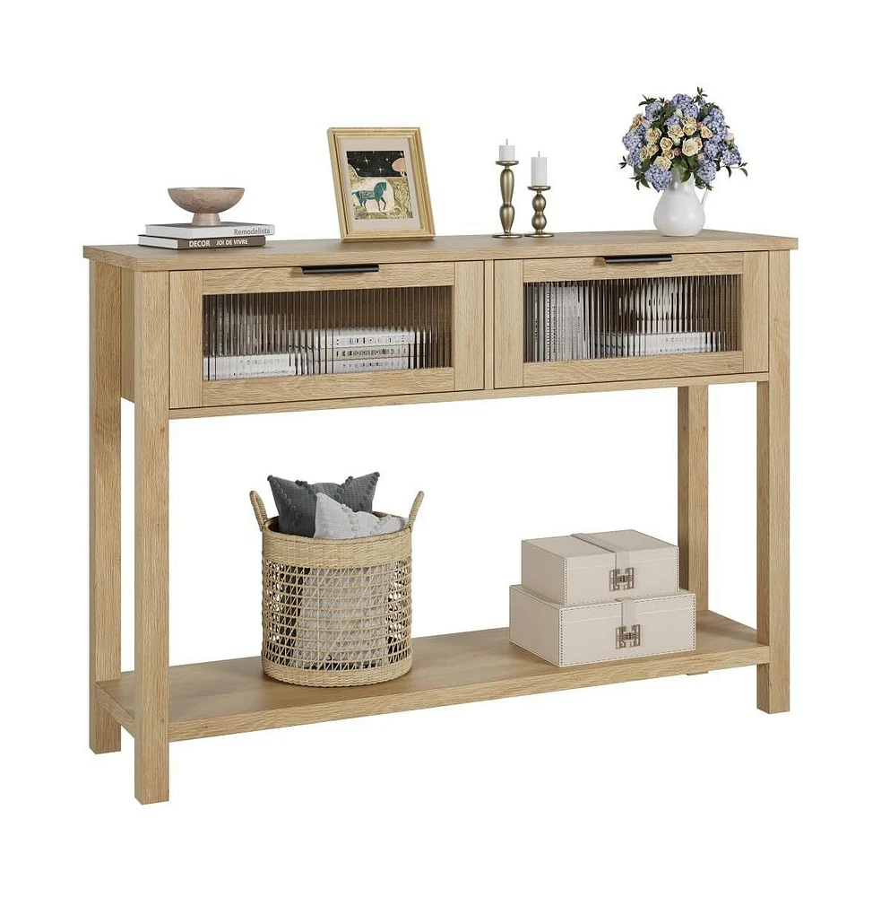 gaomon 43'' Narrow Console Table with Glass Drawers 2 Tier Sofa Table Entryway Table w/Storage Wood Console Table Side Table, Display Table for Living