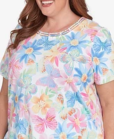 Alfred Dunner Plus Spring Butterfly Crew Neck Top