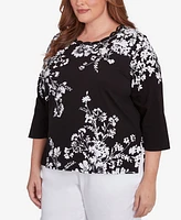 Alfred Dunner Plus Classic Asymmetric Floral Monotone Crew Neck Top