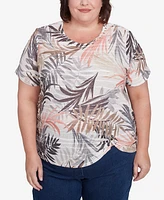 Alfred Dunner Plus Warm Palm Tree Short Sleeves Top