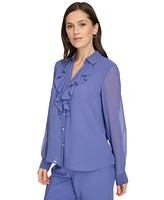 Calvin Klein Petite Ruffle-Front Long-Sleeve Blouse