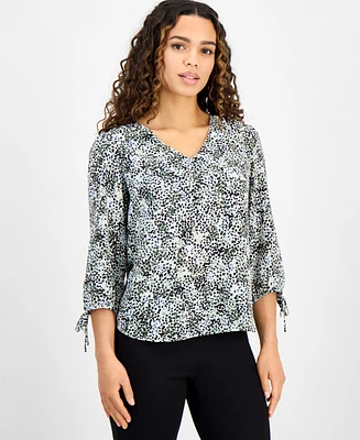 Ak Anne Klein Petite Printed V-Neck Tie-Sleeve Top