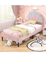 Twin Size Upholstered Led Bed Frame with Adjustable Flower Headboard and Metal Support Legs