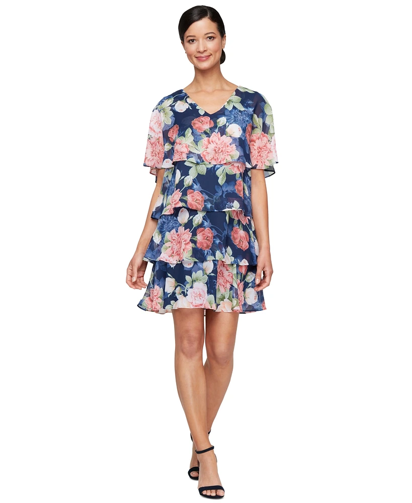 Sl Fashions Women's Floral Cape-Overlay Tiered Dress