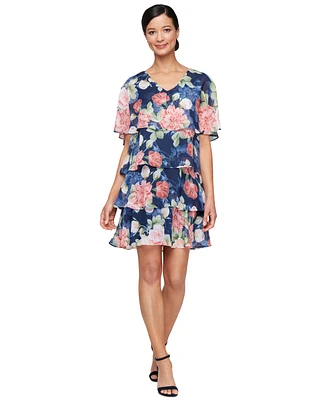 Sl Fashions Women's Floral Cape-Overlay Tiered Dress