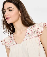 Liverpool Los Angeles Women's Flutter-Sleeve V-Neck Embroidered Blouse