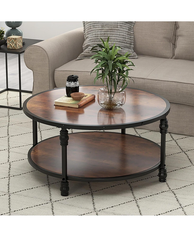 gaomon Round Coffee Table, 31" Coffee Table with Open Storage Shelf, 2-Tier Industrial Circle Wood Center Table for Living Room,Storage Shelf Modern D