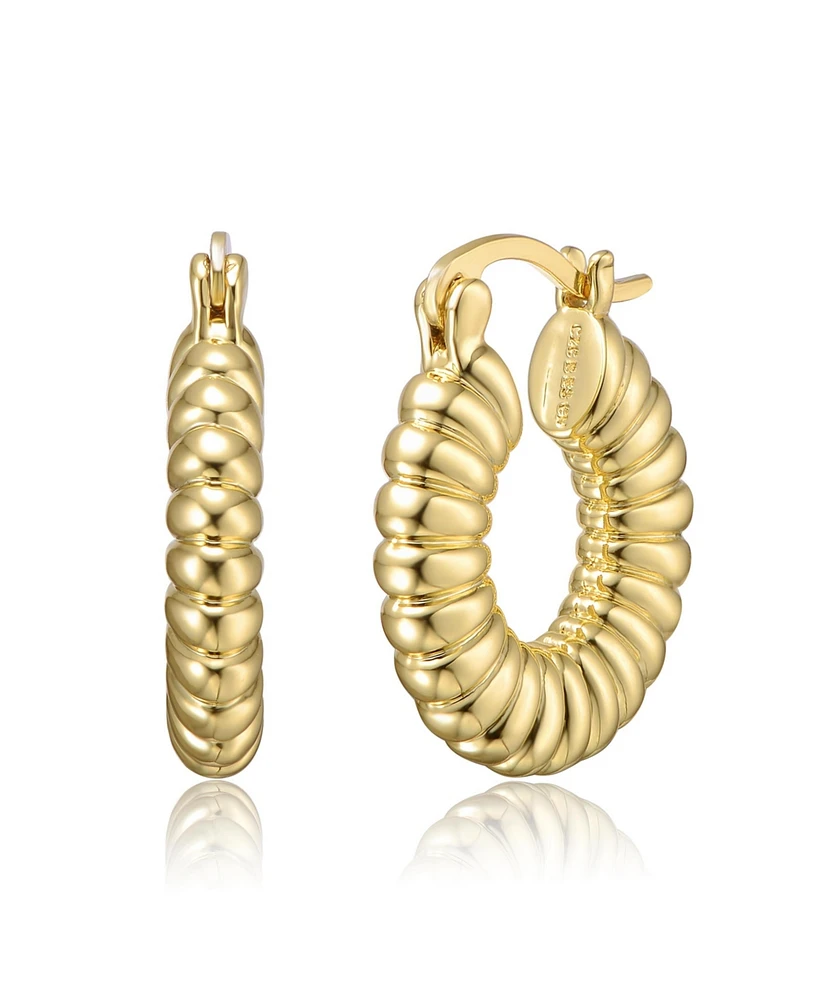 Tubular Ribbed Round Hoop Earrings White Gold Plated or 14K