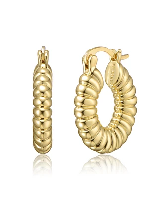 Tubular Ribbed Round Hoop Earrings White Gold Plated or 14K