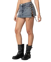 Edikted Womens Casey Lace Up Denim Mini Skirt