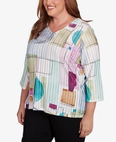 Alfred Dunner Plus Classic Geometric V-Neck Three Quarter Sleeves Top