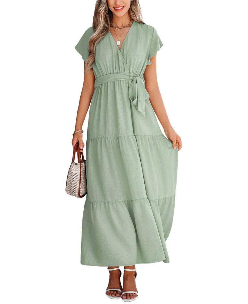 Cupshe Women's Sage Green Surplice Ruffled Maxi Beach Dress