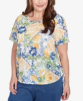 Alfred Dunner Plus Lemon Tile Knotted Crew Neck Top