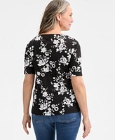 Style & Co Women's Printed Boat-Neck Elbow-Sleeve Knit Top, Created for Macy's