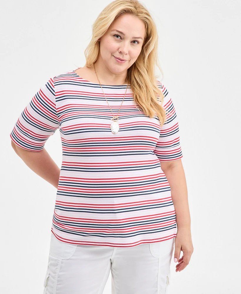 Style & Co Plus Striped Elbow-Sleeve Knit Top