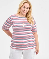 Style & Co Plus Striped Elbow-Sleeve Knit Top