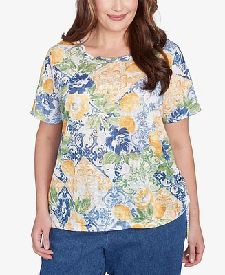 Alfred Dunner Plus Lemon Tile Knotted Crew Neck Top