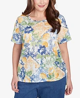 Alfred Dunner Plus Lemon Tile Knotted Crew Neck Top