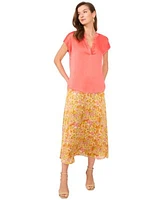 Vince Camuto Womens Split Neck Cap Sleeve Top Printed Midi Skirt