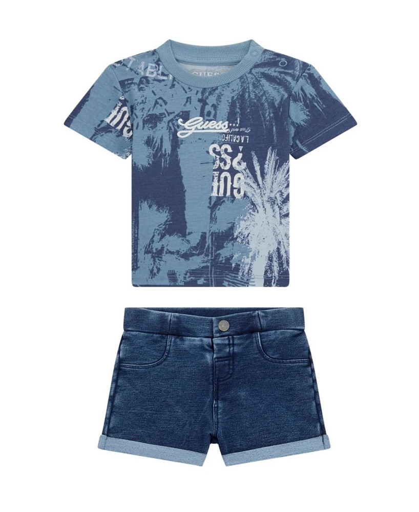 Guess Baby Boy 2-Piece All-Over Print Short Sleeve T-Shirt and Knit Denim