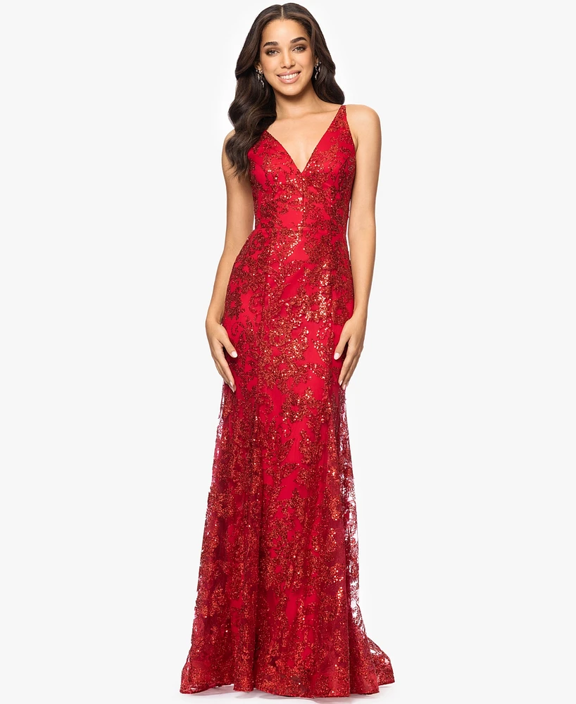 Blondie Nites Juniors' Glitter-Floral V-Neck Gown