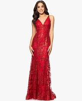 Blondie Nites Juniors' Glitter-Floral V-Neck Gown, Created for Macy's