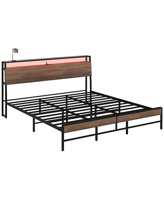 Homcom King Bed Frame with Headboard, Led Lights, Charging Station,